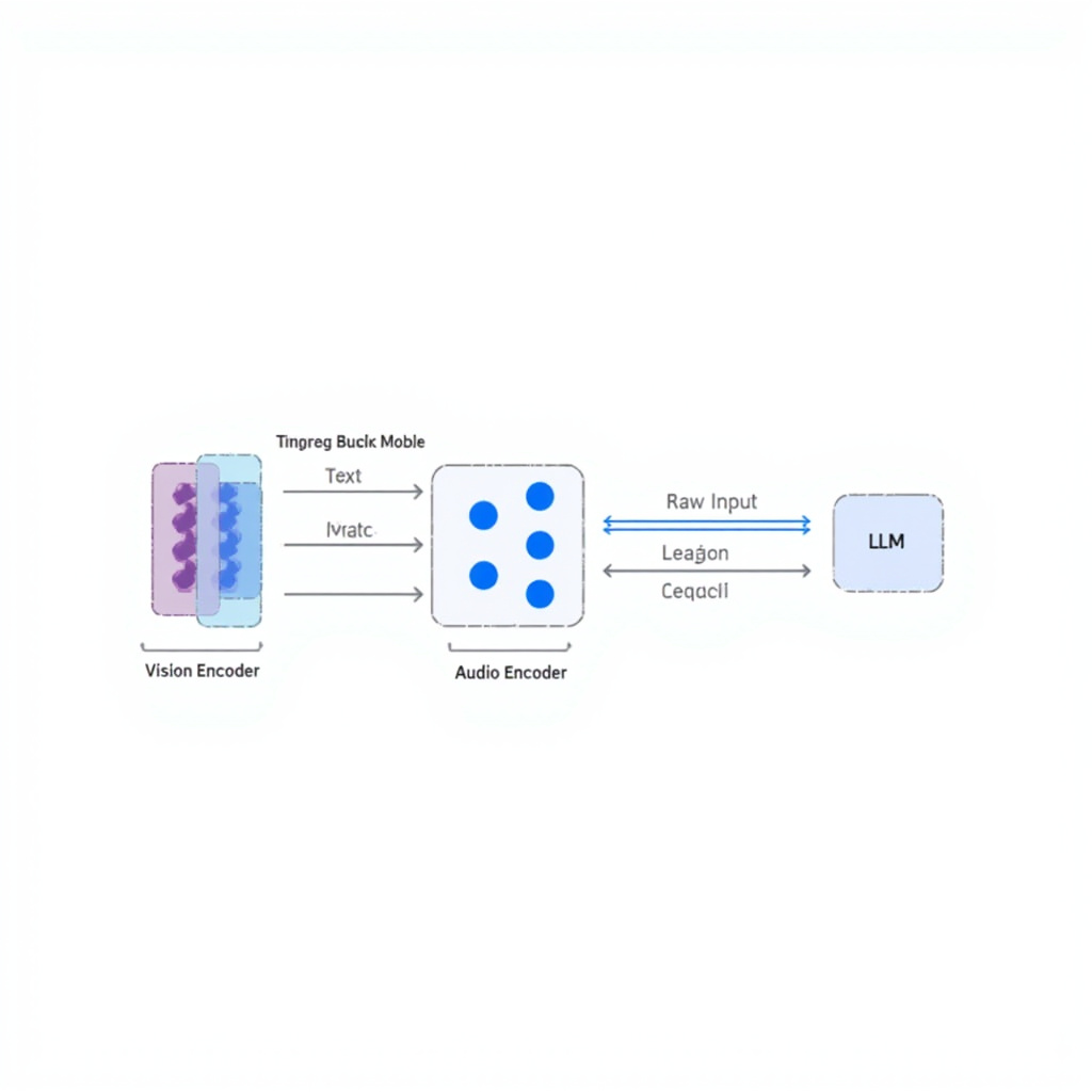 Diagram of encoder-free multimodal architecture with vision and audio projections