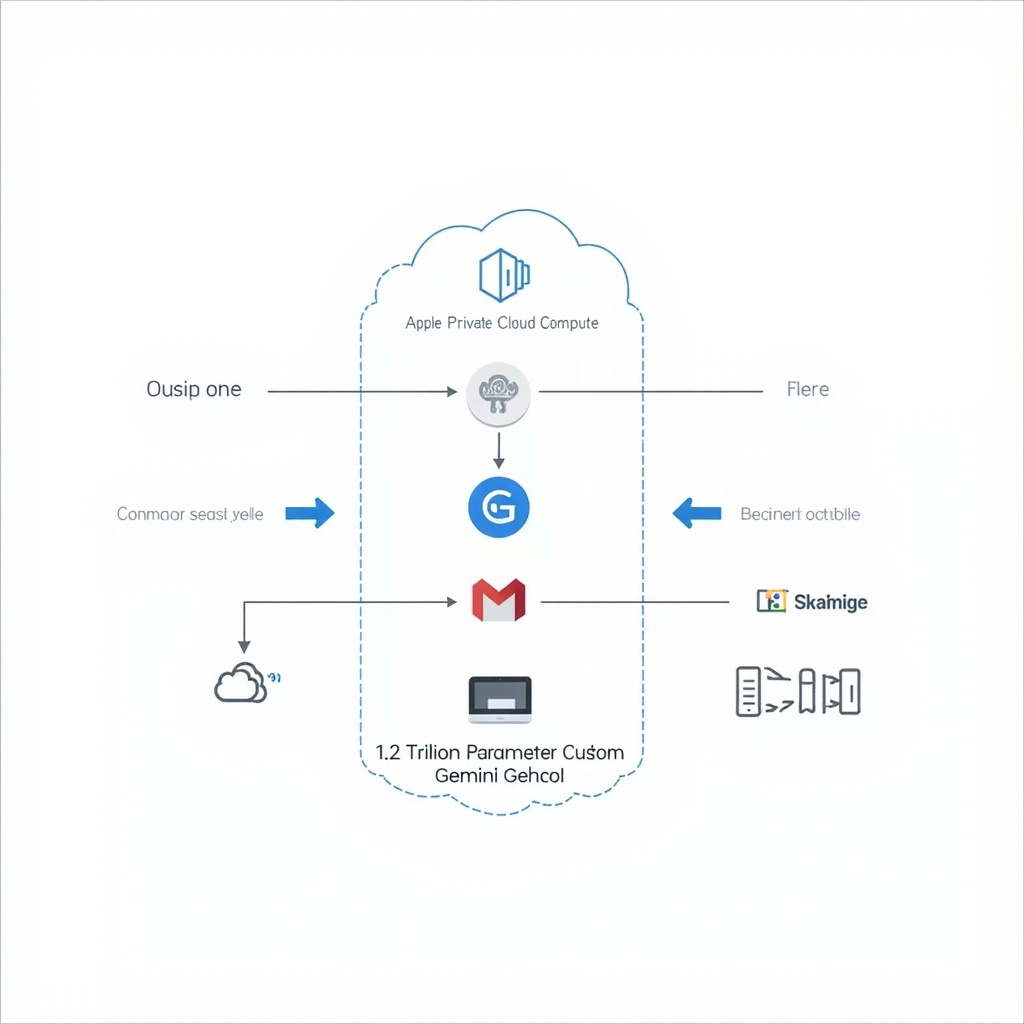 Diagram showing Apple Private Cloud Compute architecture processing Siri requests with data never leaving Apple's infrastructure