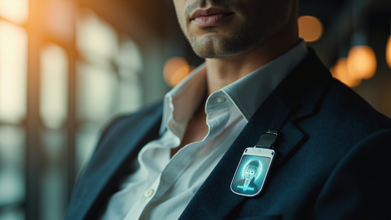 Project Solara badge concept — a 5G-connected wearable with touchscreen, voice, vision, and a camera