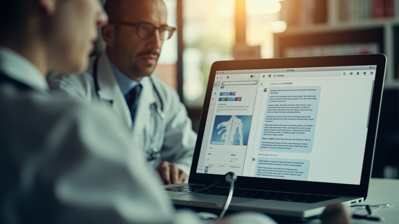 A physician reviewing a cited medical research summary on a laptop