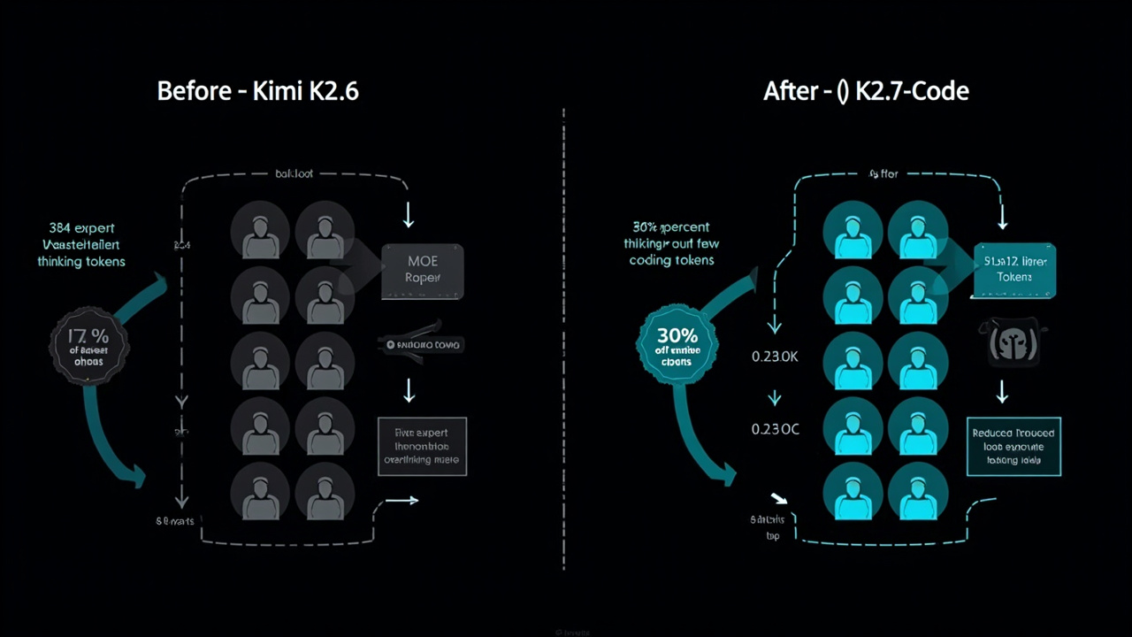 K2.6 vs K2.7-Code: same experts, ~30% fewer tokens fired per task