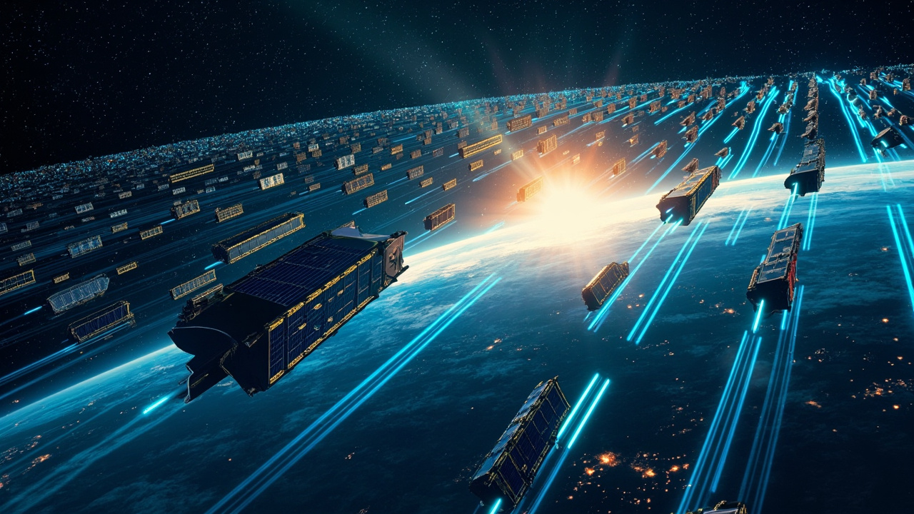Concept image: solar-powered orbital data centers forming a ring around Earth